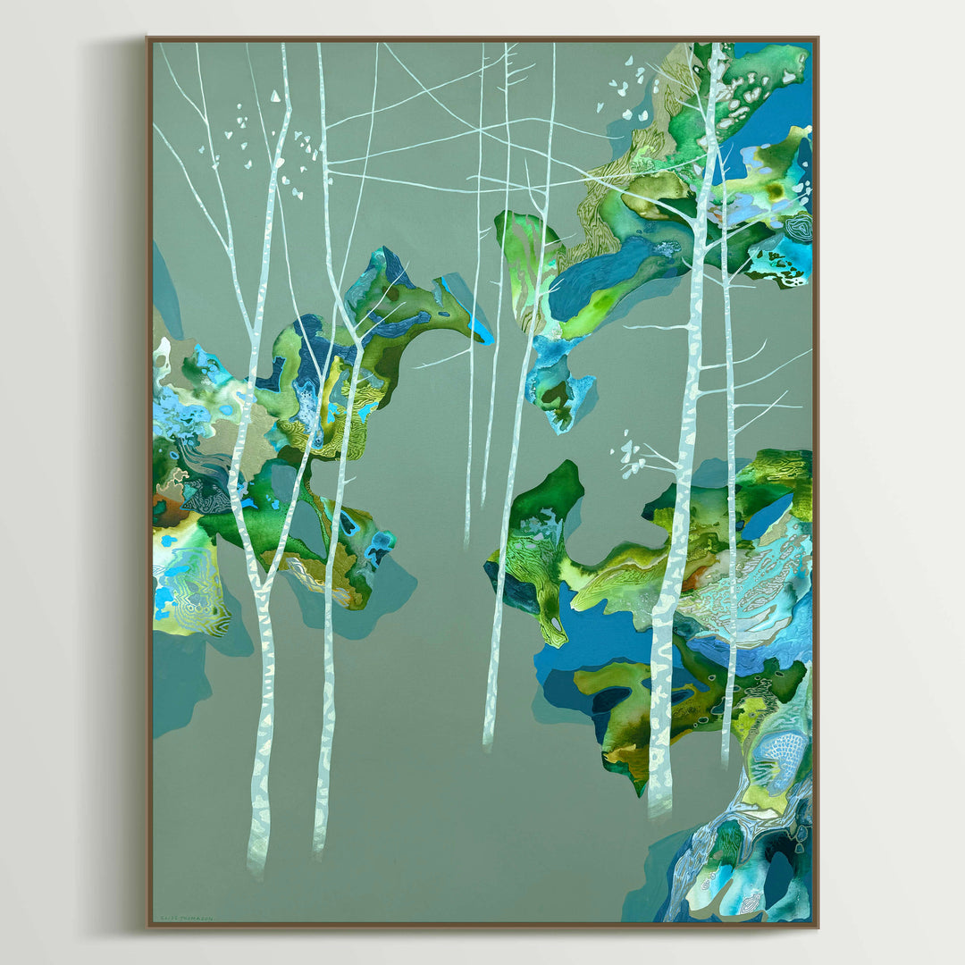 framed aspens painting in cool colors